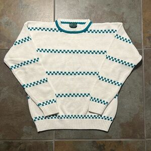 90s Izod men’s white and teal checkerboard knitted sweater perfect condition